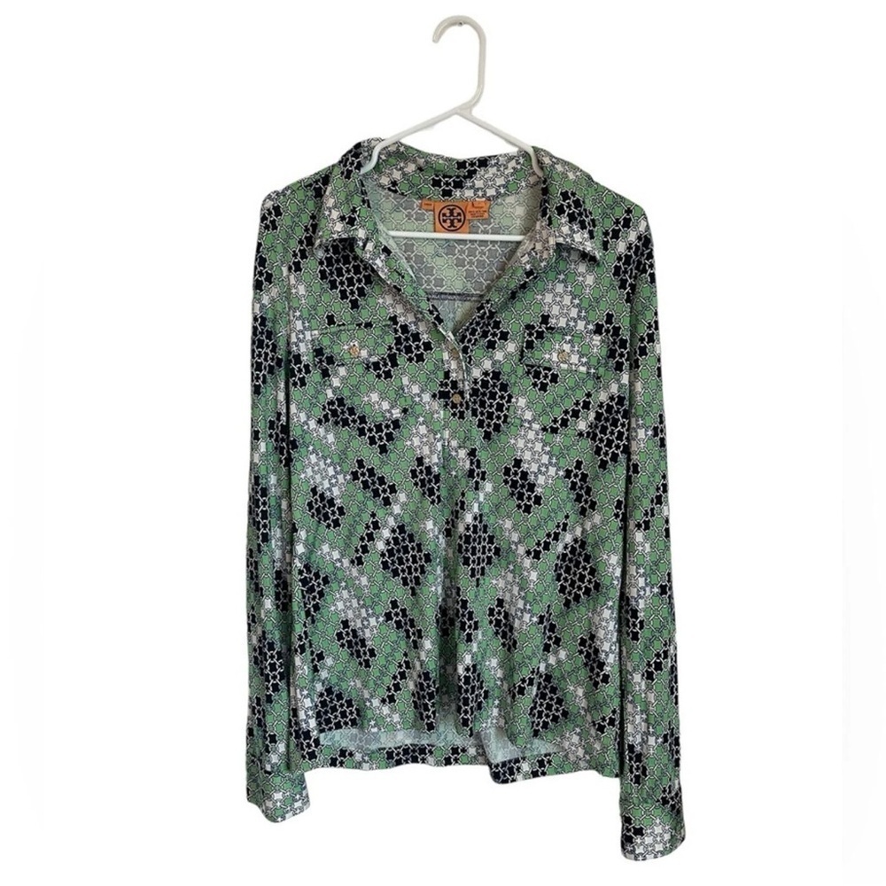 Tory Burch 100% Silk Chain Link Print Blue and Green Geometric Blouse XL